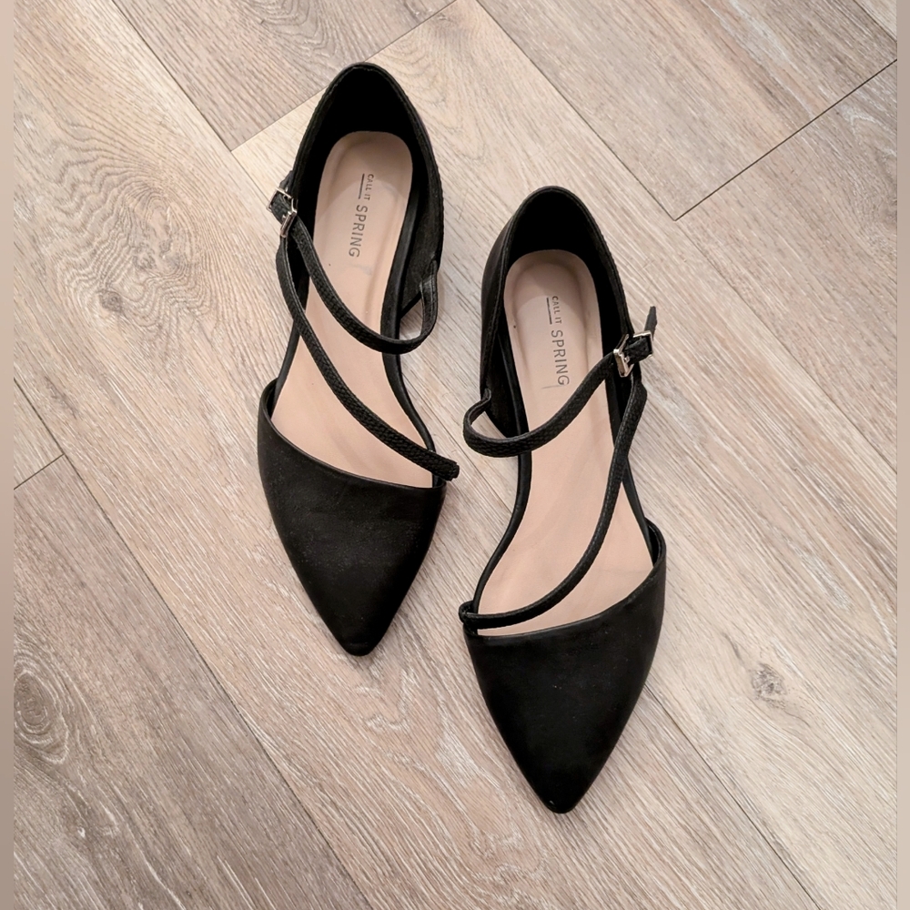 Call It Spring Nespolo Ballet Flats Black Faux Leather Strap Asymmetric Size 7.5
